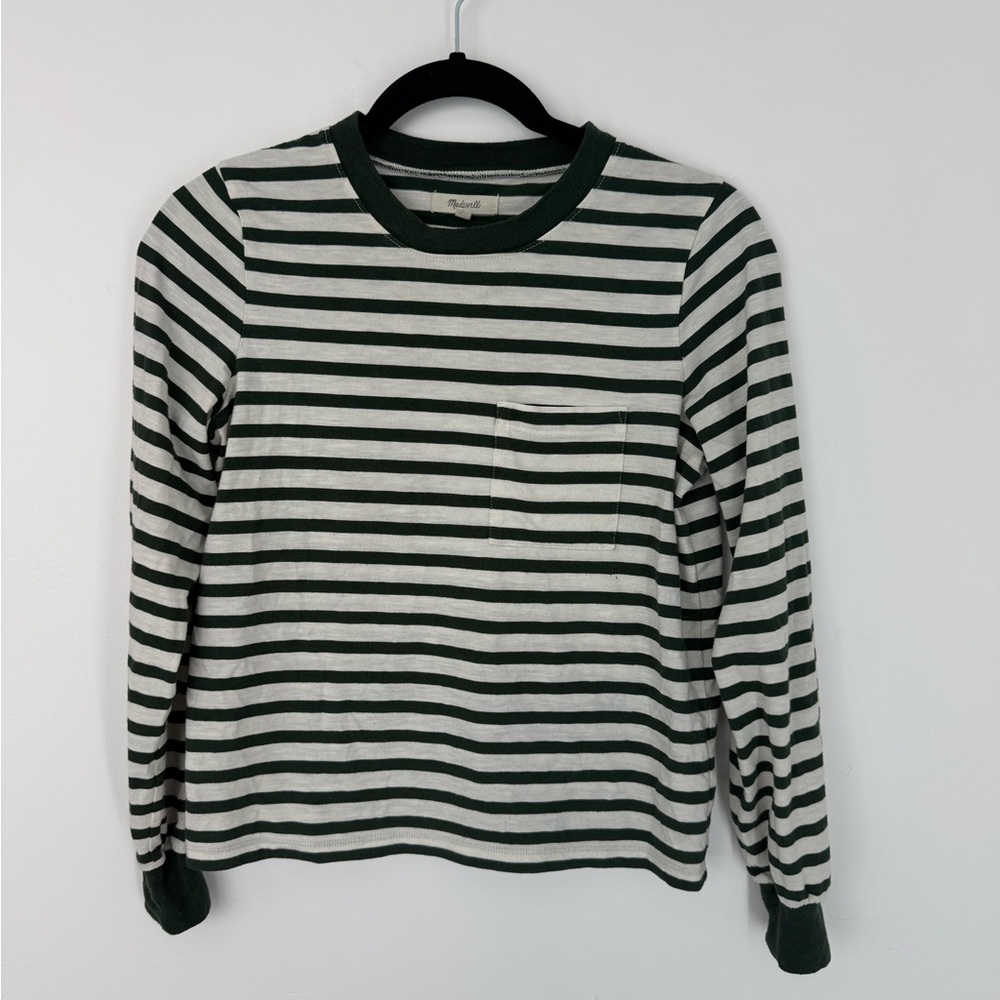 Madewell Striped Long Sleeve Tee Green & White Pocket Shirt XXS Classic Basic